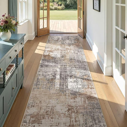 3x10 Washable Runner Rug for Hallway: Soft Neutral Modern Abstract Low Pile Rug Indoor - Carpet for Bedroom Dining Room Kitchen Entryway - Grey Brown