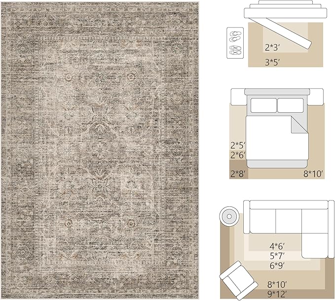 FMFUNCTEX 5x7 Washable Area Rug Neutral Vintage Taupe Non Slip Low Pile Traditional Indoor Carpet for Living Room Bedroom Soft Retro Floral Mat Throw Rug for Dining Office Kitchen Dorm Entryway
