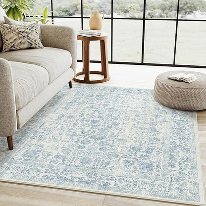 Blue Area Rug 3x5 Office Entryway Rug Machine Washable Kitchen Vintage Distressed Non Slip Carpet Indoor Retro Floral Accent Throw Door Mat for Bathroom Bedroom Dining Living Room
