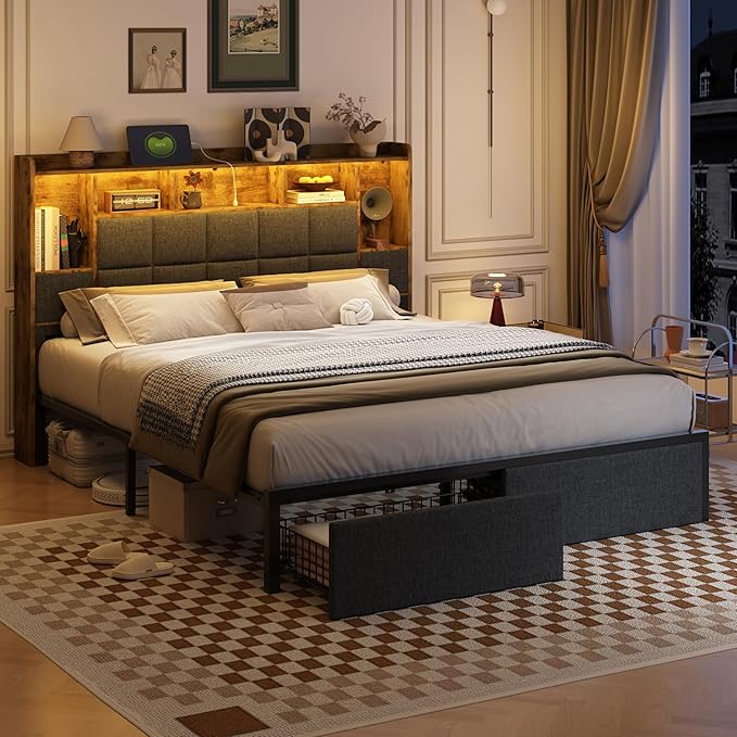 LED Bed Frame Queen Size with 2 Hidden Storage Drawers, Bookshelf Headboard, Upholstered Platform Metal Bed Frame with Charging Station, Metal Slats Support, Noise Free, No Box Spring Needed