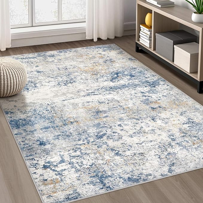 Area Rug Living Room Rugs - 10x13 Abstract Large Soft Indoor Washable Rug Neutral Modern Low Pile Carpet for Bedroom Dining Room Farmhouse Home Office - Blue