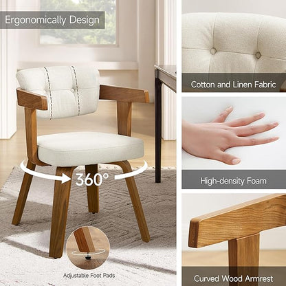 Art Leon Modern Dining Chairs - Set of 2 Mid Century Dining Chairs Fabric Upholstered Swivel Chairs Comfy Desk Chair No Wheels Accent Arm Chair for Kitchen Living Room Study, Off White/Walnut