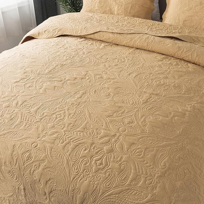 HoneiLife Embroidered Quilt King Size - 3 Pieces Microfiber Quilt Sets Lightweight Bedspreads Reversible Coverlets Retro Bed Cover Paisley Pattern Bedding Set All Season Quilts-Yellow