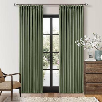 Olive Green Blackout Pinch Pleat Curtains 84 Inches Long 2 Panels for Living Room Bedroom 100% Black Out Linen Dual Layer Pleated with Hooks Rings Back Tab Room Darkening Loden Drapes 84 Inch Length