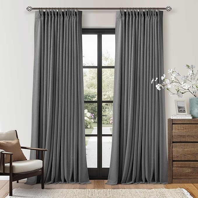 Charcoal Grey 120 Inch Blackout Pinch Pleated Curtains 2 Panel Set for Living Room Darkening Thick Linen Textured 100% Black Out Drapes 120 Inches Long Pinch Pleat Light Blocking Bedroom Dark Gray