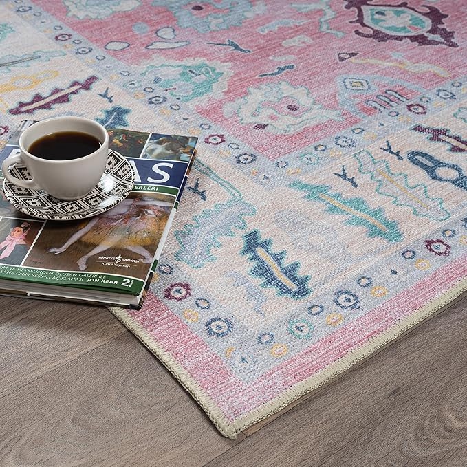 Fame Rugs Pink Modern Oushak Rug 5x7, Washable Vintage Turkish Colorful Oriental Antique Inspired Area Rugs, Luxury Living Room Bedroom (385PB, 5' x 7')