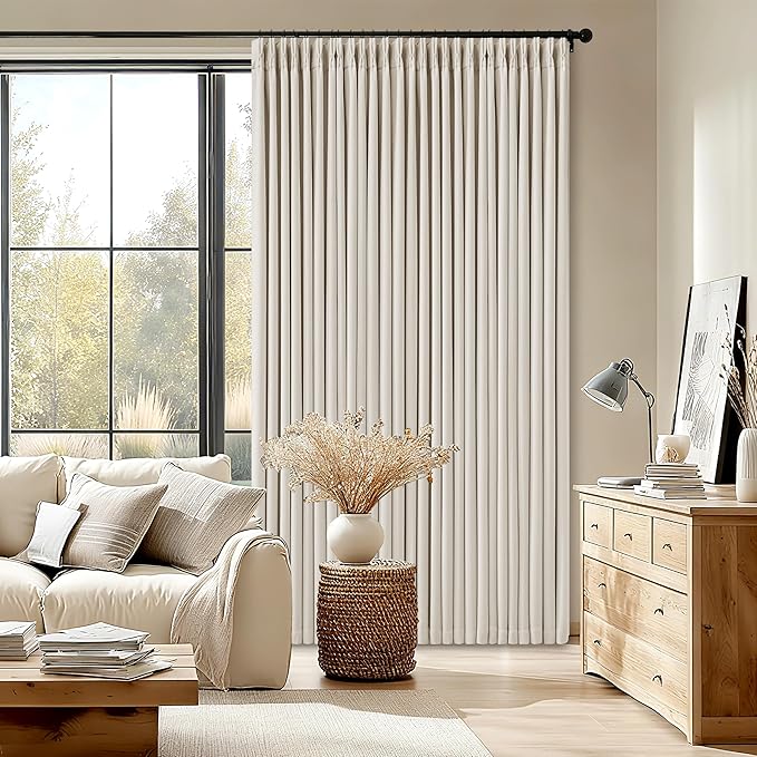 Extra Wide Blackout Curtains 70 x 108 Inches Long for Bedroom Living Room Neutral Farmhouse Pinch Pleated Double Layer Thick Linen Drapes Thermal Insulated with Back Tab for Large Windows 1 Panel