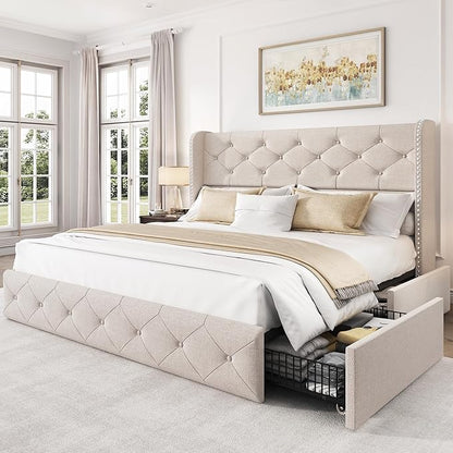 LARMACE Full Size Bed Frame with 4 Storage Drawers and Wingback Headboard Linen Upholstered Platform Bed Frame Tufted Beds with Wooden Slats Support, Easy Assembly, Beige