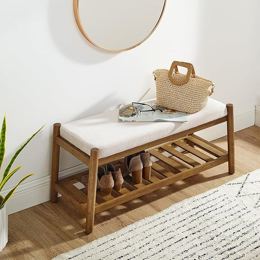 Upholstered Entryway Bench, Bedroom Bench for End of Bed, Dining Bench with Padded Seat for Kitchen, Living Room, Fabric Rubber Wood Indoor Bench (Beige)