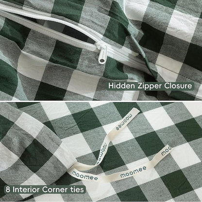 MooMee Gingham Duvet Cover Set 100% Washed Cotton Linen Like Textured Breathable Durable Soft Comfy Modern Checkered Design (Buffalo Plaid Forest Green, Queen 90"x90")