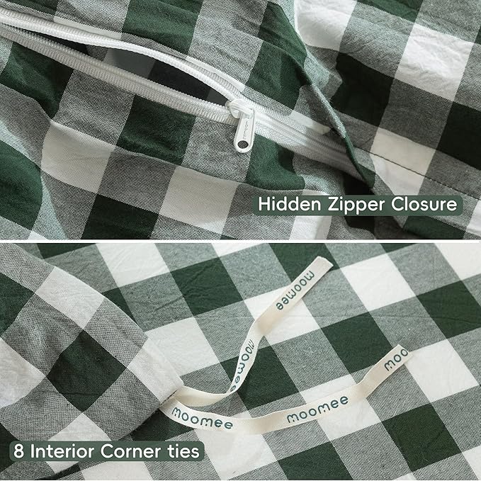 MooMee Gingham Duvet Cover Set 100% Washed Cotton Linen Like Textured Breathable Durable Soft Comfy Modern Checkered Design (Buffalo Plaid Forest Green, Full 80"x90")