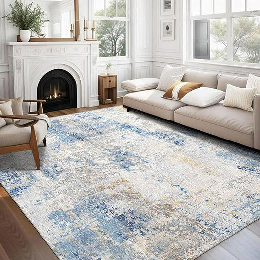6x9 Area Rug, Ultra-Soft Washable Rug for Living Room, Dinner Room, Bedroom, Non-Slip Modern Abstract Rug, Indoor Carpet Large Area Rug, Blue Ivory Yellow