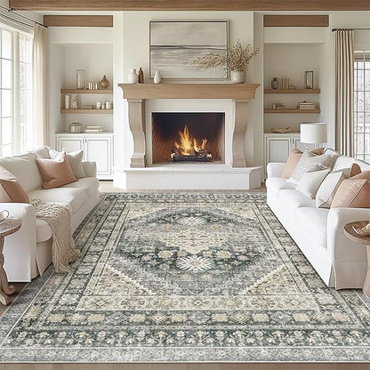 zesthome 8x10 Area Rugs for Living Room,Non-Slip Backing Washable Rugs,Vintage Large Area Rug，Stain Resistant Home Decor Rug (Wheat/Charcoal,8'x10')