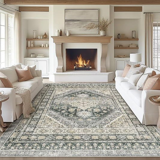 zesthome 6x9 Area Rug, Super Soft Washable Rugs for Living Room, Non-Slip Stain Resistant Vintage Rugs, Ultra-Thin Large Area Rugs (Wheat/Charcoal,6'x9')