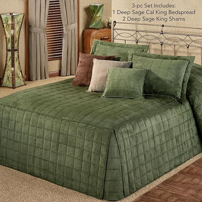 Touch of Class Camden Luxury Bedding | Warm Deep Sage Green Color | Grande Fitted Bedspread | Faux Suede Box Quilted Design | Designed 3 Piece Set Includes Cal King Bedspread and 2 King Shams