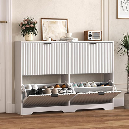 Shoe Cabinet Storage for Entryway with 4 Flip Drawers, White Fluted Shoe Cabinet with Adjustable Shelves, Wooden Hidden Shoes Rack Freestanding Narrow Slim Shoes Storage for Hallway, Entrance
