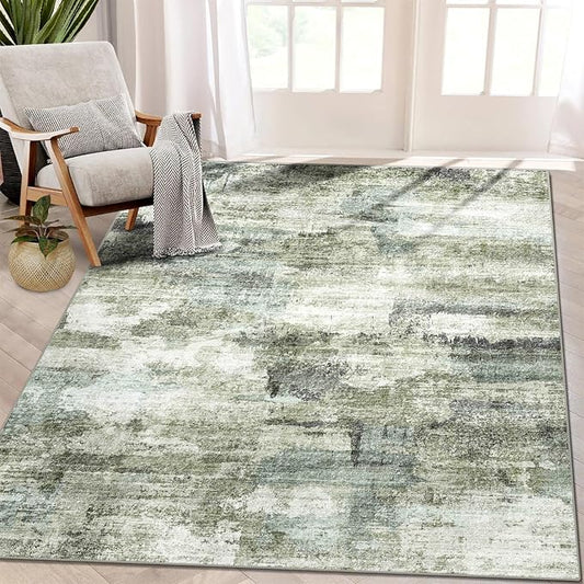 vivorug 9x12 Area Rugs for Living Room, Non Slip Machine Washable Modern Abstract Rug, Ultra-Thin Lightweight Large Area Rug for Bedroom, Dining Room, Low Pile Green