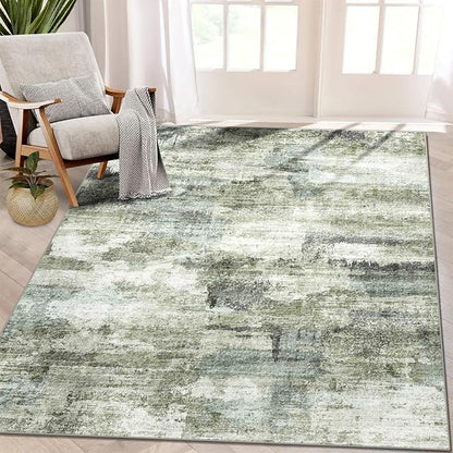 5x7 Area Rugs - Ultra-Thin Washable Rug with Non-Slip Backing, Ideal for Living Room, Bedroom, Kitchen Floor Carpet - Modern Abstract Style, Easy Clean, Durable, Low Pile Green