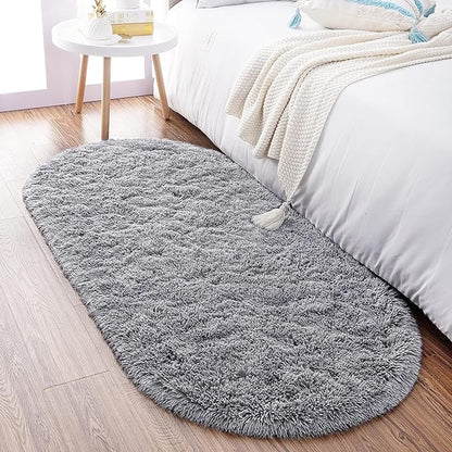 Noahas Fluffy Grey Rugs for Bedroom Living Room,2'X5' Oval Throw Rug for Kids Room,Shag Hallway Runner Rug,Small Soft Shaggy Bedside Non-Slip Plush Nursery Dorm Carpet Home Decor Aesthetic
