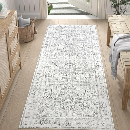 jinchan Lima Runner Rug 2x5 - Vintage Hallway Machine Washable Rug Floral Non Slip with Rubber Backing Ultra-Thin Carpet Runner for Kitchen Bedroom Laundry Room Farmhouse Entryway (2x5ft, Grey)