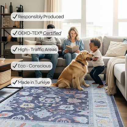 Fame Rugs Navy Blue Modern Oushak Rug 10x13, Vintage Turkish Colorful Oriental Washable Antique Inspired Oversize Area Rugs, Luxury Living Room Bedroom (388NB, 10' x 13')