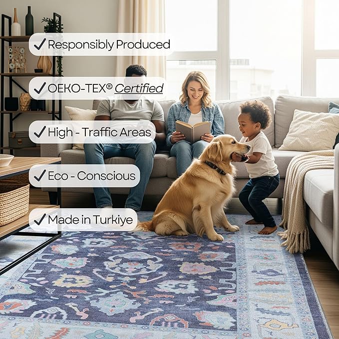 Fame Rugs Navy Blue Modern Oushak Rug 6x9, Vintage Turkish Colorful Oriental Antique Inspired Washable Large Area Rugs, Luxury Living Room Bedroom (388NB, 6' x 9')