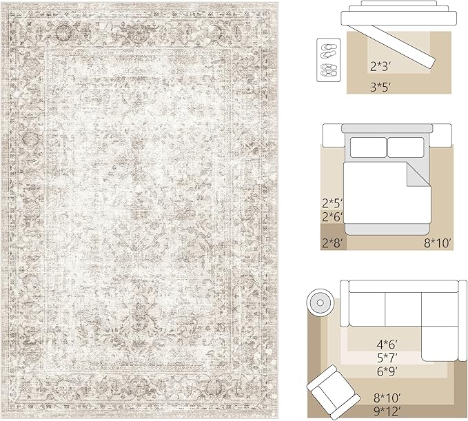 FMFUNCTEX 3x4 Washable Area Rug Beige Vintage Neutral Non Slip Low Pile Traditional Retro Indoor Carpet for Entryway Entrance Soft Floral Throw Rug Living Room Bedroom Kitchen Dining Office Laundry