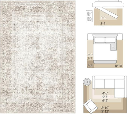 FMFUNCTEX 3x4 Washable Area Rug Beige Vintage Neutral Non Slip Low Pile Traditional Retro Indoor Carpet for Entryway Entrance Soft Floral Throw Rug Living Room Bedroom Kitchen Dining Office Laundry