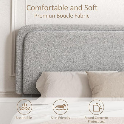 Full Size Platform Bed Frame with Headboard, Boucle Upholstered Desige, Anti-Collision Corners, Soft Rounded Corners, No Box Spring Required, Easy Assembly, Noise Free