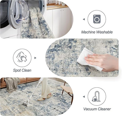 6x9 Abstract Area Rugs for Living Room 6 x 9 Washable Non Slip Low Pile Gray Rugs for Bedroom Dining Room Foldable Thin Blue Yellow