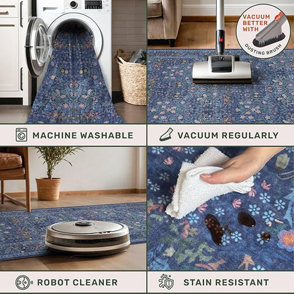 Dark Blue Washable 2x4 Entry Rug - Front Door Rugs Indoor, Vintage Floral Style Small Rug for Kitchen, Bathroom, Non-Slip Boho Navy Entryway Décor