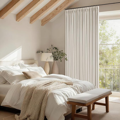 Pinch Pleated Blackout 102 Inch Curtains 70 Inch Wide Linen Dual Layer Soundproof Farmhouse Bedroom Window Curtains for Living Room Cream Natural Hooks Rings Back Tab 100% Black Out Drapes 1 Panel