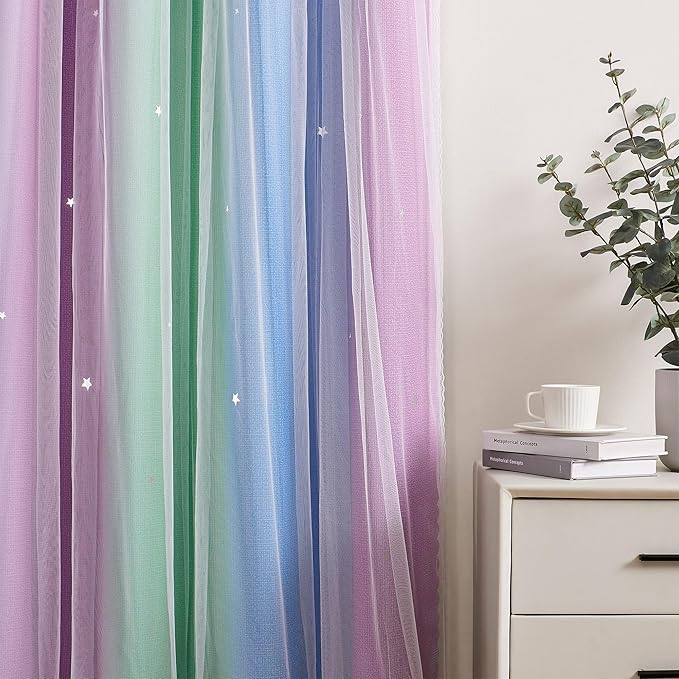 XiDi Curtains for Bedroom Decor, Rainbow Green PurpleBlue34/90/1