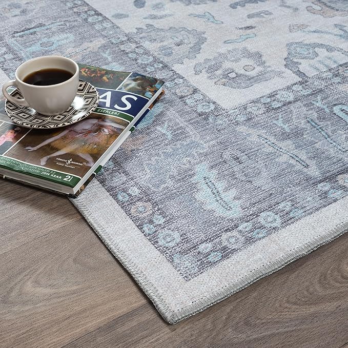 Fame Rugs Gray Modern Oushak Rug 6x9, Vintage Turkish Colorful Oriental Antique Inspired Washable Large Area Rugs, Luxury Living Room Bedroom (384GB, 6' x 9')