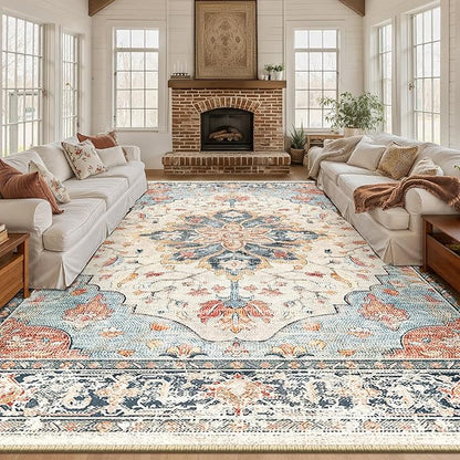 Area Rugs 10'x12' Washable Non-Slip, Floral Vintage Distress Print Pattern Medallion Carpet for Living Room Bedroom Dining Room, Beige Navy Blue Orange Colorful