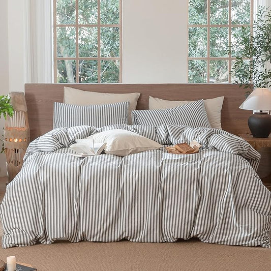 MooMee Striped Duvet Cover Set 100% Washed Cotton Linen Like Textured Breathable Durable Soft Comfy (Dark Grey White Classic Stripes, Super King Plus 120"x120")