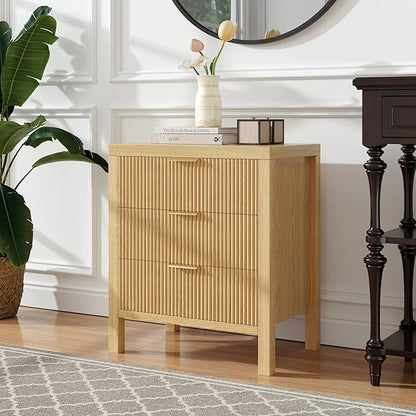 End Table with Storage, Wooden Farmhouse Nightstands with 3 Drawers, Bedside Table - Boho Tall Side Table Accent for Bedroom, Living Room, Nature