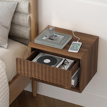 Floating Nightstands Set of 2 with Drawer and Open Shelf, Small Wall Mounted Bedside End Table, Modern Fluted Night Stand for Bedroom, Living Room, Brown