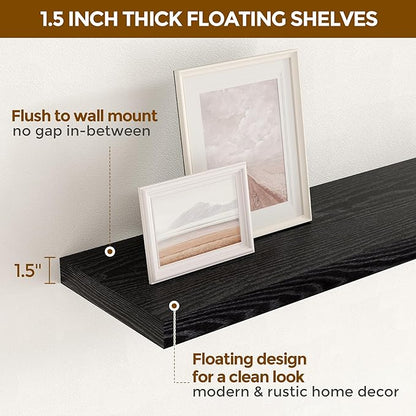 Fun Memories Floating Shelves for Wall, 36 x 9.3 Large Floating Shelf Wall Mounted Set of 2, Rustic Wood Shelves for Bathroom, Kitchen, Living, Heavy-Duty Storage Deep Shelf for Books, Decor, Black