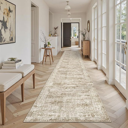 Runner Rug 2'6" x 14' Washable Non-Slip Runner Rugs for Kitchen Bathroom Laundry Room Vintage Ultra Thin Runners for Hallway Entryway Brown