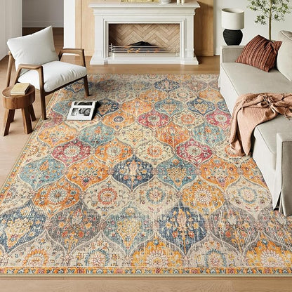 Lahome Moroccan Washable Area Rugs 9x12 Living Room, Soft 9x12 Area Rug for Bedroom, Oriental Non-Slip Non Shedding Throw Large Carpet for Dining Room Office, Cream/Multi
