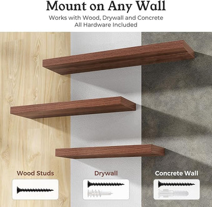 Floating Shelves for Wall, 9.3" Deep Wall Mounted Wood Shelves for Bathroom, Bedroom, Living Room, Kitchen, Hanging Shelf for Books/Storage/Room Decor (Walnut, 24")