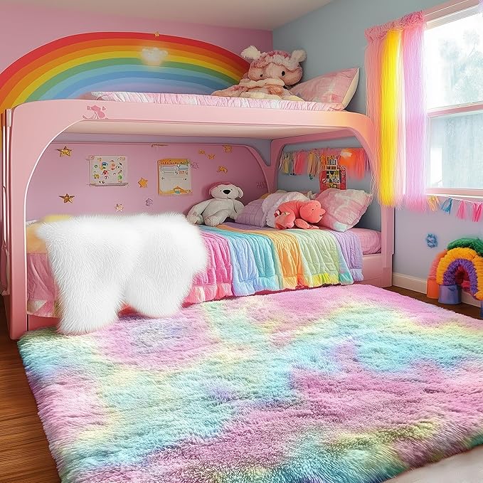 PAGISOFE 4x6 Rainbow Fluffy Soft Plush Area Rugs for Girls Bedroom, Shaggy Rugs for Kids Playroom,Kawaii Princess Fuzzy Rugs for Nursery Baby Toddler,Cute Colorful Room Decor for Teenage