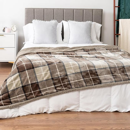 PAVILIA Taupe Plaid Sherpa Throw Blanket for Couch Twins, Soft Fuzzy Cabin Blanket and Throws, Warm Cozy Winter Gift Blanket, 60x80