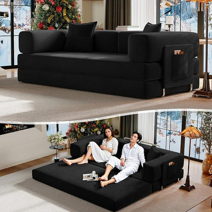 78.8" Convertible Sofa Bed,Corduroy Futon Couch with Storage Pocket,Folding Pull Out Futon Sofa, No Assembly Boneless Couch for Living Room,Black