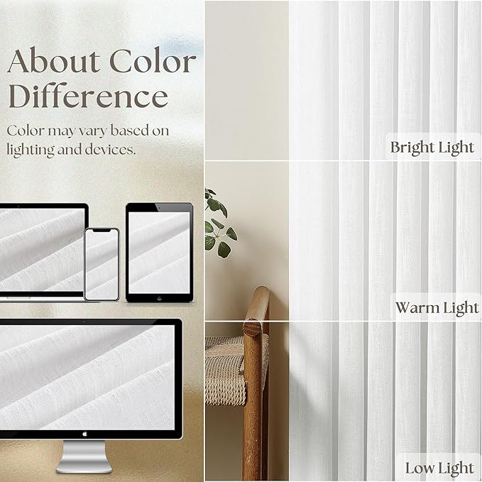 White Short Linen Curtains 45 Inch Length 2 Panel Set for Small Windows Rustic Country Linen Cotton Light Filtering Drapes Privacy Pinch Pleated Back Tab Semi Sheer Kitchen Curtains 45 Inches Long