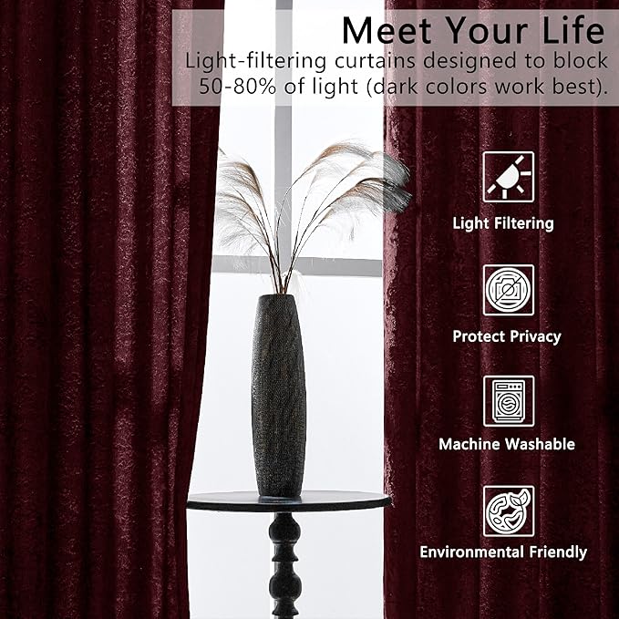 SMILETIME Burgundy Red Crushed Velvet Curtains 52x96inch Rod Pocket Luxurious Thermal Insulated Soundproof Drapes Soft and Durable Light-Filtering Window Treatments for Living Room Bedroom, 2 Panels