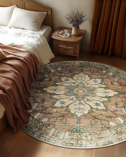 Area Rugs 5ft Washable Non-Slip, Floral Vintage Distress Print Pattern Medallion Carpet for Living Room Bedroom Dining Room, Brick Red Rust Neutral Brown Burnt Orange
