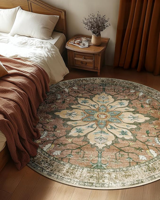Area Rugs 5ft Washable Non-Slip, Floral Vintage Distress Print Pattern Medallion Carpet for Living Room Bedroom Dining Room, Brick Red Rust Neutral Brown Burnt Orange
