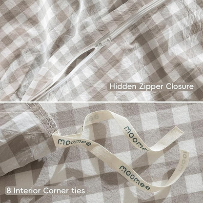 MooMee Gingham Duvet Cover Set 100% Washed Cotton Linen Like Textured Breathable Durable Soft Comfy Modern Checkered Design (Tannish Linen Grey Gingham, Cal King 104"x98")